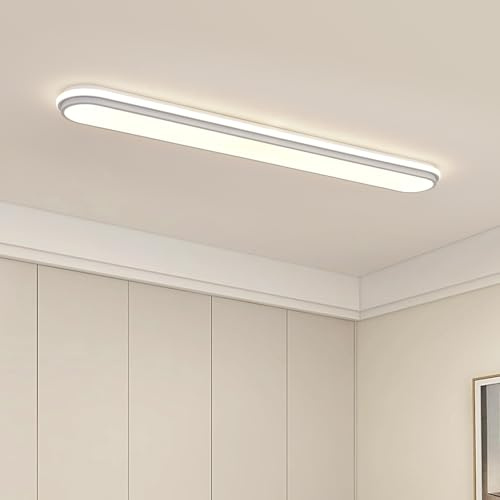 4Ft Smart LED Ceiling Light,Dimmable Modern Metal Linear LED Ceiling Lamp,Flush Mount Wraparound Shape Lighting Fixture with Remote Control for Kitchen Laundry, Garage Cloakroom Lighting (5-60)x2W