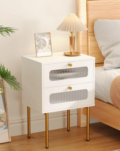 JERX Nachttisch, Nachtschrank mit, Prismenglas-Front, Modernes Design für Schlafzimmer, Gästezimmer, Goldene Metallfüße (Weiß, 2 Schublade)