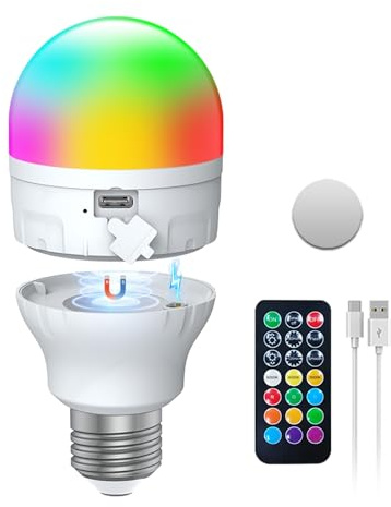 Bombilla Recargable USB-C Con Mando a Distancia,Bombillas LED AC100-240V E27 7W,Bombilla Recargable De Control Táctil Regulable RGBCCT Con Temporizador y Batería,Luz de Emergencia 2000mAh, Pack de 1