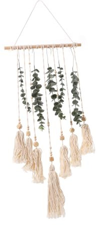GLEAVI Decorazione da Parete Perline in Legno Stile Rustico in Macramè e Nappa, Sospesa, Beige, per Soggiorno e Sfondo Fotografico