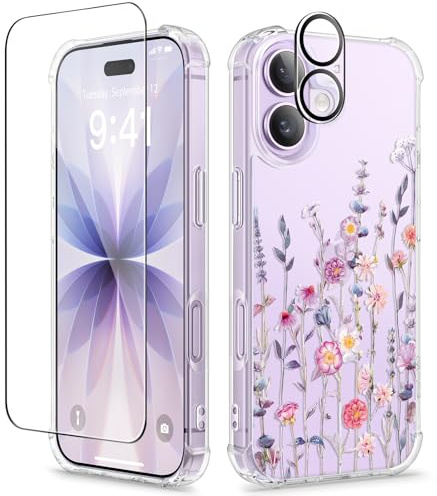 GVIEWIN for iPhone 17 Case, with Screen Protector+Camera Lens Protector, [NonYellowing] Clear Floral Slim Shockproof Protective Hard PC Back Women Phone Case for iPhone 17 6.3, Floratopia/Colorful