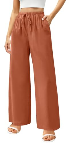 Zhiaek Pantalon Lin Femme Été Décontractés Pantalons Large Femme Fluide Mode Coton Lin Confortable Jogging Plage Rétro Pants Taille Elastique avec Poches Orange L