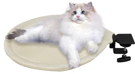Katzen Hängematte für Schreibtisch, Höhenverstellbar & 360° Drehbar – Katzenbett Schreibtisch mit 2 Wechselbezügen, Robuster Stahl-Klemme 20kg – Platzsparendes Katzenkörbchen fürs Homeoffice (Beige)
