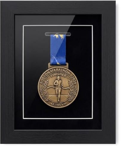 Marco de caja de sombra con acabado negro (20,5 x 15 cm aprox.), marco exterior de madera maciza con panel de cristal, caja de sombra para medallas deportivas, militares y de maratón