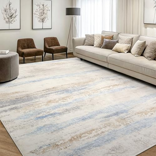 smiry Modern abstrakt matta, vardagsrum, 160 x 220 cm, tvättbar halkfri konstgjord ull, kort lugg, matta för sovrum, matsal, kontor, blå och beige