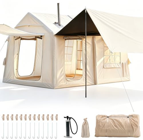 Aufblasbares Campingzelt mit Kaminöffnung & Dachfenster, Aufblasbare Zelt für 2-10per mit Luftpumpe, Zelt Aufblasbar aus Wasserdichtem Oxford-Stoff für Jahreszeiten, Schneller Aufbau Luftzelte