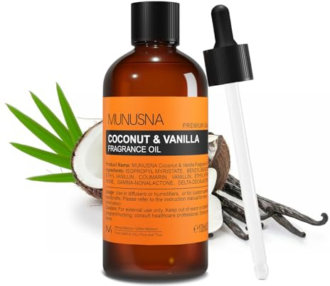 MUNUSNA Coconut & Vanilla Fragrance Oil 100ml for Diffusers | Create Calming Aromas for Home Aromatherapy, Humidifiers, Candles and Soaps with a Sweet Warm Scent, Ideal for DIY Handmade