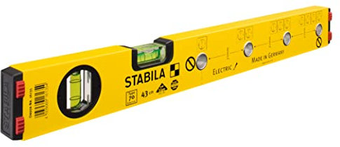 STABILA Elektriker-Wasserwaage Type 70 Electric, 43 cm, leichtes Alu-Profil, 1 Horizontal-Libelle, 1 Vertikal-Libelle, Markierlöcher, Made in Germany, Gelb