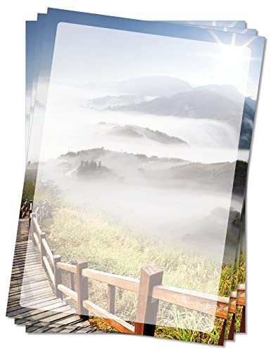 Motivpapier Briefpapier (Gebirgspfad-5056, DIN A4 100 Blatt) Gebirgspfad ins Tal, Berge bedeckt mit imposanten Nebelschwaden
