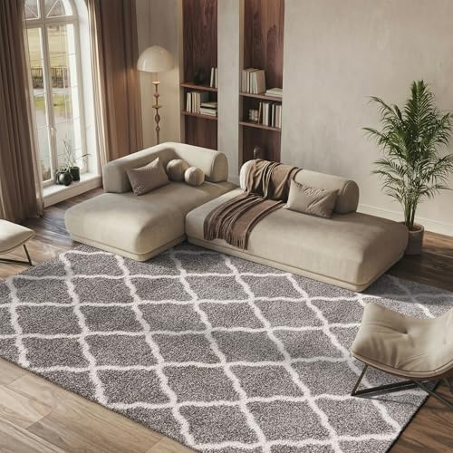 SAFAVIEH Hudson Shag Collection Area Rug - 8' x 10', Grey & Ivory, Moroccan Trellis Design, Non-Shedding & Easy Care, 2-inch Thick Ideal for High Traffic Areas in Living Room, Bedroom (SGH283B)