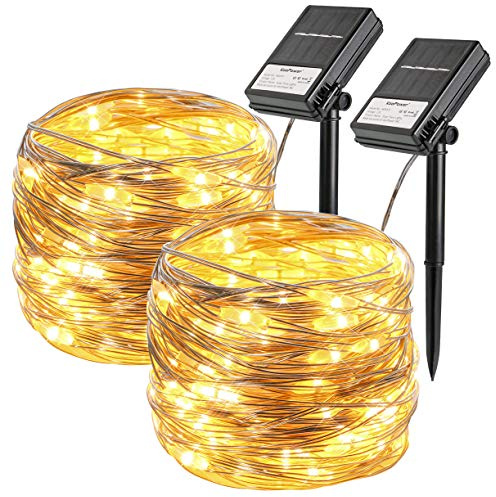 Koopower 100er LED Solar-Lichterkette mit zusätzlichem AA-Batterie für regnerische Tage, 10M Wasserdichter IP65 Silberdraht + 0,8M Kabel, Warmweiß