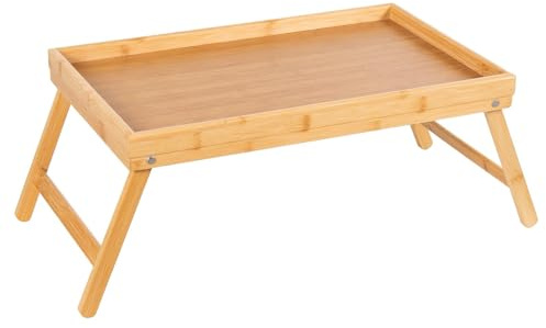 Vencier Bamboo Bed Tray, Folding Legs, Raised Edge, For Breakfast in Bed and Serving, HWD: 22x64x31cm, White (Natural)