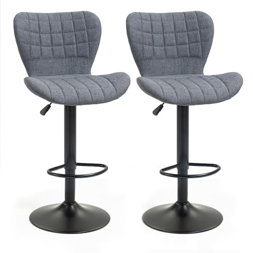 HOMCOM Barhocker, Stehstuhl, Drehhocker, Bar Stühle, 2 Stück, geschwungene Rückenlehne, gepolstert, Sitzhöhe verstellbar 61-81 cm, 360° drehbar, Fußstütze, Velours, Grau