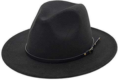 Klassische Fedora-Hüte mit breiter Krempe, zweifarbig, Panamahut, Wolle, Trilby-Hut, Panamahut für Herren und Damen, Schwarz mit Gürtel, 58 EU