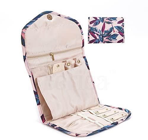 Periea ‘Cleo’ Travel Jewellery Organiser Roll Foldable Jewelry Case for Journey - Rings, Necklaces, Bracelets, Earrings (Peach Leaves, Medium)