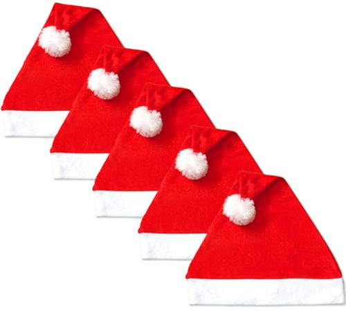Jonami 5 Gorros de Papa Noel, Gorro de Navidad y Sombreros de Santa Claus Tradicionales Rojos y Blanco. Accesorios Navideño para Regalos de Festividad
