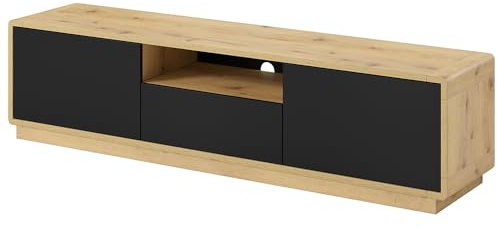 Lomadox Fernsehschrank Lowboard Wohnzimmer modern inkl. LED Beleuchtung in Taurus Eiche Nb. mit Absetzungen in schwarz matt, B/H/T: ca. 180/45/40 cm