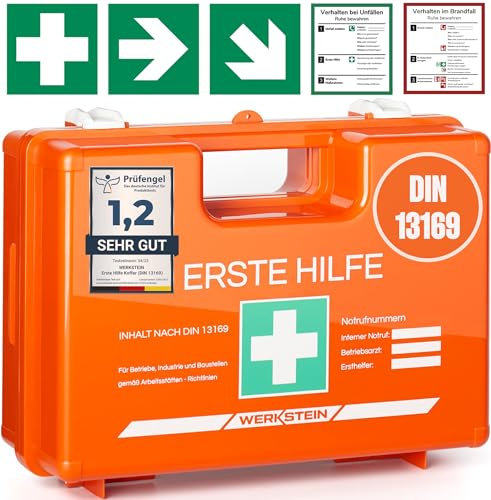 Erste Hilfe Kasten DIN 13169:2021 - Verbandskasten inkl. praktischer Wandhalterung, 5x Aufkleber, Gesichtsmasken, Feuchttücher & Plombe - Erste Hilfe Koffer für Betriebe, Einrichtungen & Zuhause