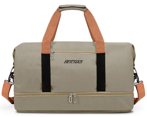 Vllcsla Borsoni da Palestra con Scarpe Scompartimento, Tasca Bagnata, 32,2 L Borsone Weekender Tela, Borsa da Viaggio Unisex Borsone Palestra Sportiva, Sport Holdall, Idrorepellente, Cachi