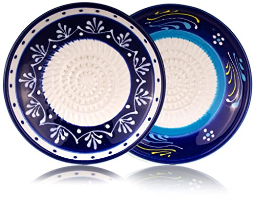 GLORIFY HOME Reibe Teller Keramikreibe Doppelpack Tarifa für Knoblauch Ingwer Apfel Parmesan Schokolade Rohkost und mehr, mit Reibeteller in 2 Designs