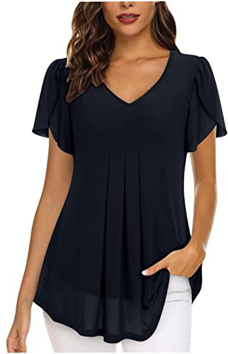 Chiffon Tops for Women UK Elegant Blouses Casual V Neckline Tunics Tops Slit Short Sleeve Blouse T Shirts Solid Colour Black Shirts Pleated Longline Blouses with Lining