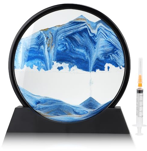DBREAKS 3D Sandbilder zum Drehen Dynamisches Sandbild Sanduhr Blau/12 | Fließende Sandmalerei im runden Glasrahmen, bewegliche Landschaft, als Desktop-Deko, Geschenk für Erwachsene und Kinder