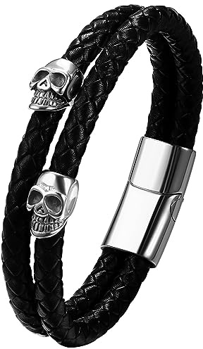 JewelryWe Lederarmband Herren Edelstahl: Retro Kreuz Infinity Unendlichkeit Symbol Totenkopf Dolch mehrschichtig geflochten Leder Armband mit Gravur Männer Armreif Manschette
