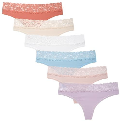 INNERSY Lace Thongs for Women Cotton Ladies Tanga Knickers Sexy G Strings Panties Multipack 6 (14, Pastel Colours)