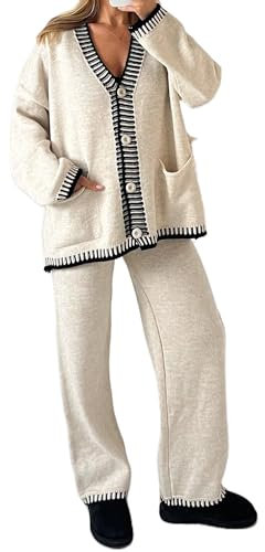 Acrawnni Damen-Strick-Outfit, Pullover-Set, langärmelig, Knopfleiste, offene Vorderseite, Strickjacke, Hose mit weitem Bein, Sweatsuit, Lounge-Sets, A-Beige, 46