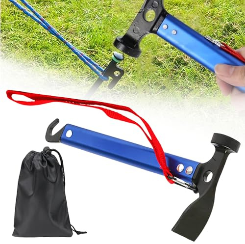 TOATELU Martillo de camping multifuncional de 30,5 cm con gancho y mini azada, aluminio, azul