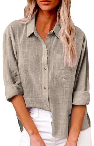 SHEKINI Camicia Lino Donna Camicetta da Donna Elegante Maniche Lunghe Cotone Blusa Maglietta Scollo a V Top Camicette Abbigliamento Donna Ufficio Casual