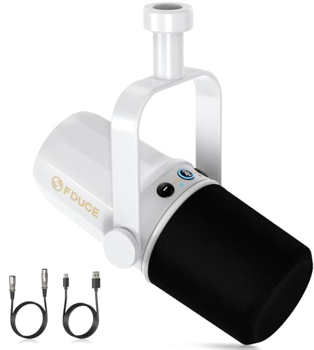 FDUCE SL40 Dynamisches Mikrofon für Podcasting, Gaming, Live-Streaming & Aufnahme, Eingebauter Kopfhörerausgang, LED-Stummschalttaste, Ganzmetall-USB/XLR, Sprachisolierende Technologie (Weiß)