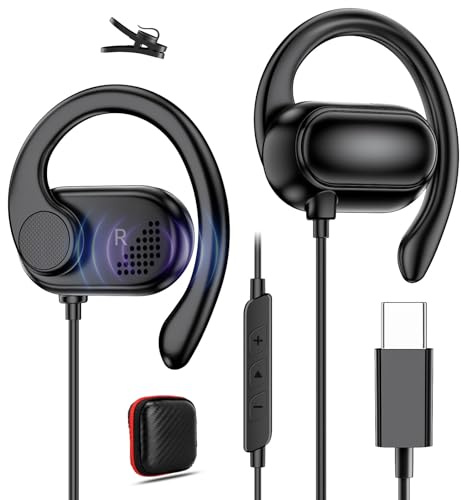 Auriculares abiertos USB-C con cable con gancho tipo C, auriculares con cable con micrófono, control de volumen, estéreo de alta fidelidad para iPhone 16 15, Samsung Galaxy, Google Pixel, OnePlus