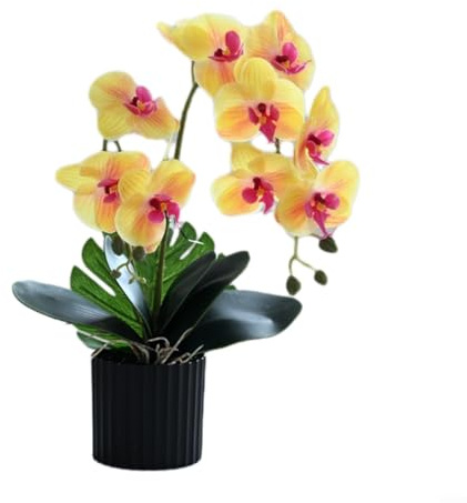 URPIZY Artificial Orchid Phalaenopsis Flowers Decorative Orchid Bonsai Fake Flowers Real Touch Orchid Artificial Flowers with with Plastic Pot for Table Centerpieces Living Room Home Décor(Yellow)