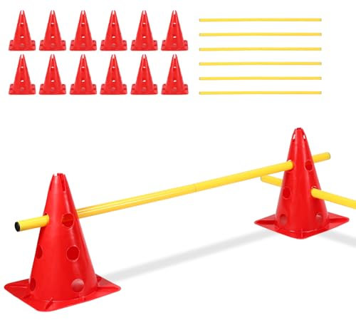 Eulenke Agility Set Hunde, hütchen Fussball, pylonen Kinder - hundetraining zubehör Satz mit 12 pylonen + 6 Stangen+ Aufbewahrungstasche, hürden Set für Kinder, Hunde, Pferde