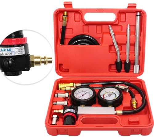 RIODEMBO Cylinder Leak Down Tester with Dual Gauges, 0-100PSI/ 0-7Bar Automotive Engine Cylinder Leakdown Tester Diagnostics Tool Compressie Kit for Pressure Check and Leakage Rate Test