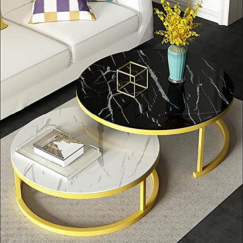 Satztisch-Couchtisch, 2er-Set, moderner Beistelltisch, runde, stapelbare Couchtische aus gehärtetem Glas mit Marmorstruktur, Sofatisch für das Wohnzimmer, Metallrahmen, f(Black+white B-70+50cm)