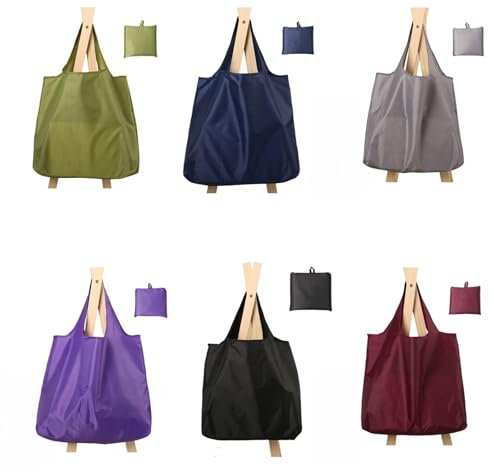 ROSSRORE Reusable Grocery Bags, Lightweight and Durable Shopping Washable and Foldable Women's Cloth Bags, 6-Piece Set with Widened Handles Storage Pouch Size L