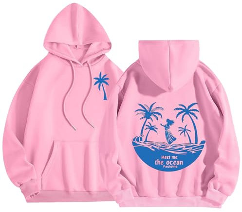 Girls Hoodies Palm Puff Letter Graphic Print Retro Comfy Fleece Sweatshirt with Pocket Long Sleeve Casual Pullover Hoodies for Women,Preppy Casual Letter Floral Print Sweatshirt Drawstring Oversized