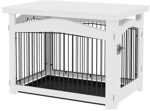 PawHut Hundebox 3 in 1, Beistelltisch, Laufstall, mit abnehmbarem Tablett, für mittelgroße Hunde, 82,5 x 57,5 x 59,5 cm, weiß
