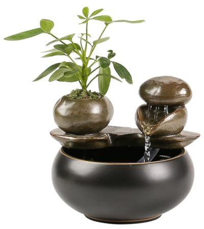 Adorno chino de fuente de agua de cerámica Zen Feng Shui, cascada de mesa con soporte para plantas, estatua decorativa para abundancia de riqueza, éxito y prosperidad, decoración de oficina en casa