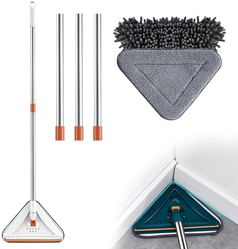 Mopa limpiadora de pared con mango largo, 2025, giratoria de 360°, ajustable, triangular, herramienta de limpieza extensible para suelos, paredes, techos y zócalos (blanco, juego A)
