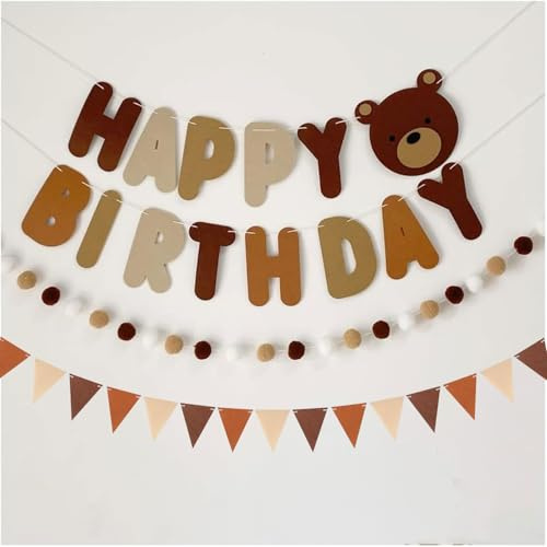 Srvauyea Bär Geburtstag Deko, Niedliche Pompon Girlande für Erwachsene und Kinder, Braun Bär Banner Set