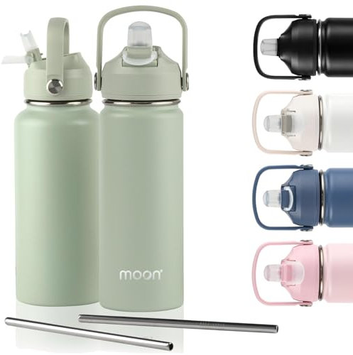 moon bottles - Insulated Water Bottle with Straw - Stainless Steel Sports Drink Bottle, Thermal Flask, 24hr Cold, 12hr Hot, Double Walled, Metal Straw, Silicon Spout, UK Company (500ml, Green)