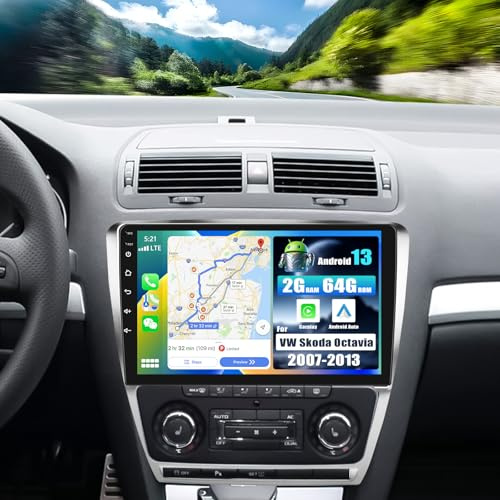 SIXWIN 2+64G Android 13 Autoradio für Volkswagen Skoda Octavia 2007-2013 mit Carplay&Android Auto, 10.1 Zoll Kapazitiver Touchscreen mit WiFi GPS Bluetooth RDS/FM EQ+Canbus+Rückfahrkamera
