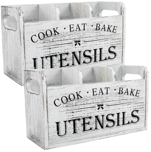 RHAIQBVC 2PCS Kitchen Utensils Holder, Kitchen Cooking Utensil Organizer with 3 Compartment and Drainage Bottom ,Wooden Cooking Tools Storage for Countertop, Farmhouse Decor ,27×10.5×15.5 cm