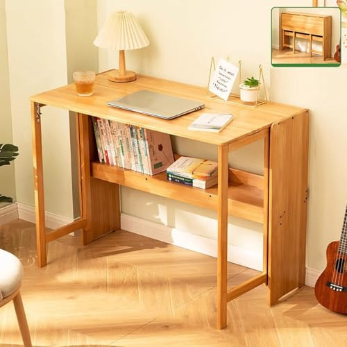 Bambu fällbart skrivbord med bokhylla, datorbord platsbesparande, litet vikbart studentskrivbord för hem, sovrum, arbetsrum, kontor, arbetsstation (träfärg – 83 cm)