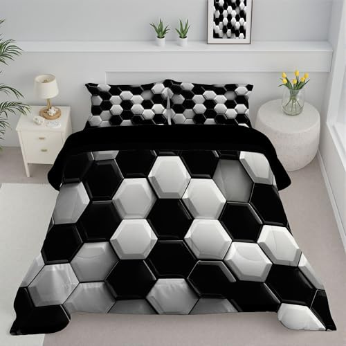 Edredón Nórdico Textura De Fútbol – Relleno Nórdico 4 Estaciones Hexágono – Ultra Suave – Colcha AlternativoCama 150 Edredón Acolchado 220x240cm En Blanco Y Negro