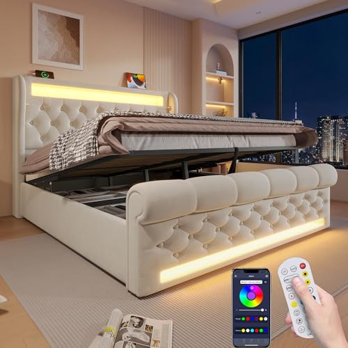 Zepneiy Lit 160x200 avec Sommier LED et USB C, Lit Coffre 160x200 avec Rangement et Tete, Double avec à Lattes 2 Personnes, Rembourré Cadre de(sans Matelas)