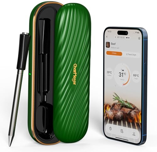 CharMeter Fleischthermometer Kabellos, 150m Reichweite Bluetooth 5.1, Bratenthermometer mit App Rezepte, IP67 wasserfest Digital Grillthermometer Porbe für Kochen, Backofen, Küche, BBQ, Grill